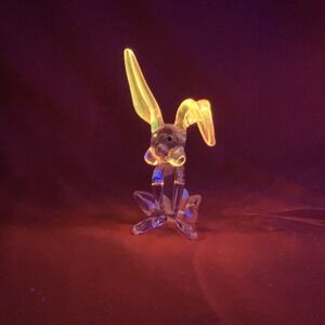 Glass Rabbit Hand Blown / Clear / Bunny / Pink Ears / UV‎ Glow / 3.5" Tall /Flaw